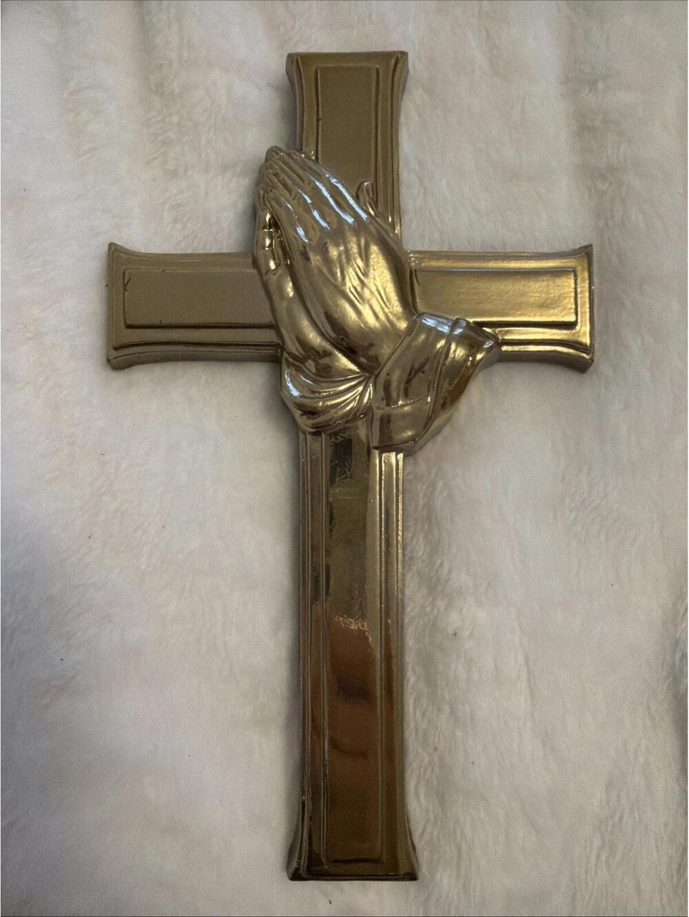 Vintage MCM Praying Hands Gold Cross Wall Hanging 3265 Burwood